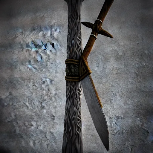 Image similar to Viking Battleaxe, Two Blades, Handle looks like a tree, blades bare the image of a wolf upon them, 3D render, fantasy weapon