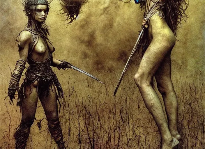 Prompt: young female warriors in painting by Beksinski, Luis Royo, Arthur Rackham