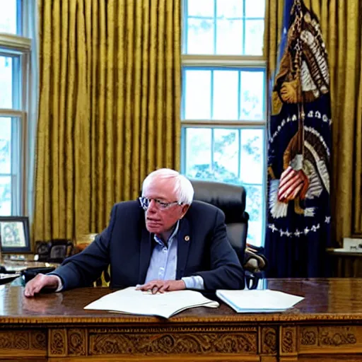 Image similar to bernie sanders sitting in the oval office, photo
