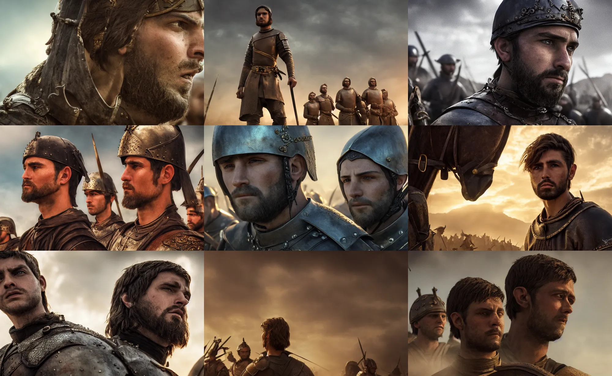 Prompt: dramatic cinematic close up artwork of a single medieval commander in his twenties with short brown hair, hazel eyes and a small chin staring into the distance solemnly with his warriors in front of his warriors by greg rutowski, 4 k, masterpiece, sun rays