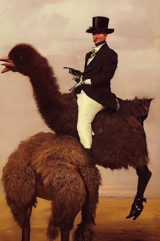 Prompt: portrait of a respectable dignified royal business elite politician wearing a top hat and coat tails riding on an ostrich, art by anders zorn, wonderful masterpiece by greg rutkowski, beautiful cinematic light, american romanticism by greg manchess, jessica rossier