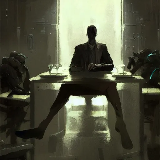 Image similar to concept art by greg rutkowski, a very tall, and slender man with short black hair, sitting with the crew in the ship's dining room, brutalist futuristic interior, dark lighting atmosphere, detailed portraits, nostalgic atmosphere, scifi, digital painting, artstation, concept art, smooth, sharp foccus ilustration, artstation hq