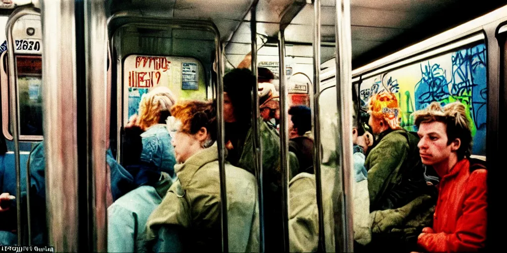 Image similar to new york subway cabin 1 9 8 0 s inside all in graffiti, policeman closeup, coloured film photography, christopher morris photography, bruce davidson photography