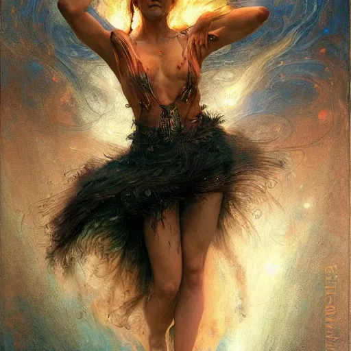 Prompt: epic masterpiece full body portrait a beautiful fire dancer with a beautiful face and flawless skin, raining ashes, by Edgar Maxence and Ross Tran and Michael Whelan