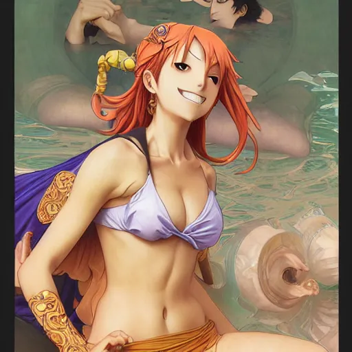 Image similar to intricately detailed vfx portrait of nami from one piece by eiichiro oda!, makoto shinkai, alphonse mucha, art by artgerm and greg rutkowski!, best of behance, concept art, matte, sharp focus, adolphe bouguereau, annie leibovitz, stanley kubrick,