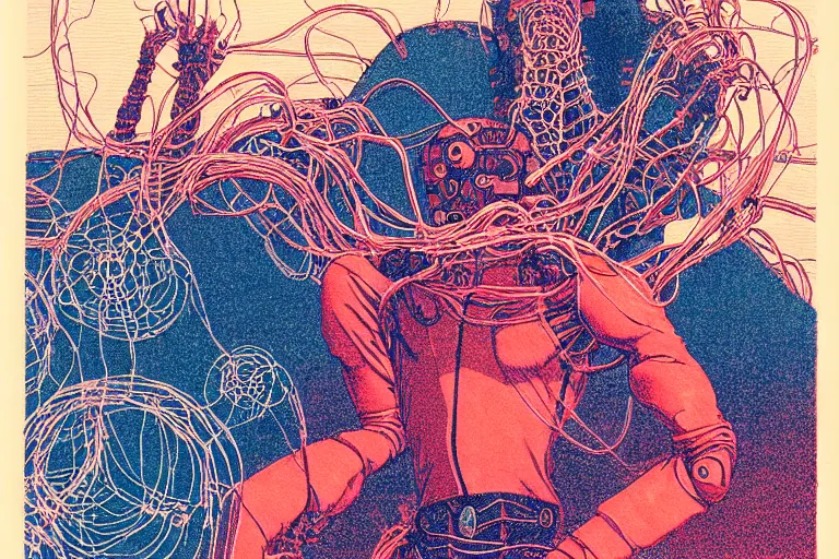 Image similar to risograph grainy drawing vintage sci - fi, satoshi kon color palette, gigantic gundam full - body covered with human bodies and wires, with lot tentacles, vermilion color, codex seraphinianus painting by moebius and satoshi kon and dirk dzimirsky close - up portrait