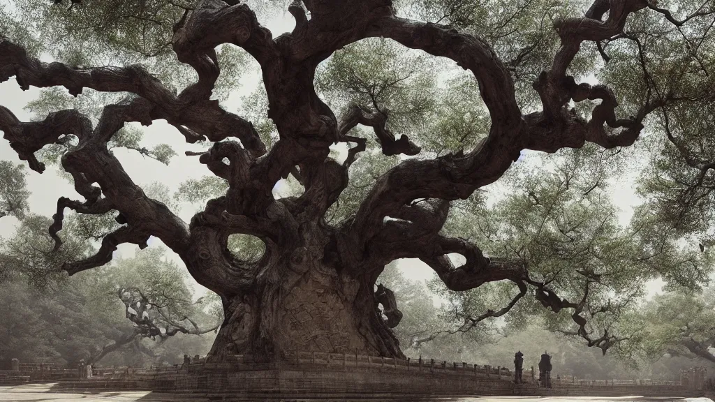 Image similar to the great elven tree growing in the forbidden city, beijing. andreas achenbach, artgerm, mikko lagerstedt, zack snyder, tokujin yoshioka