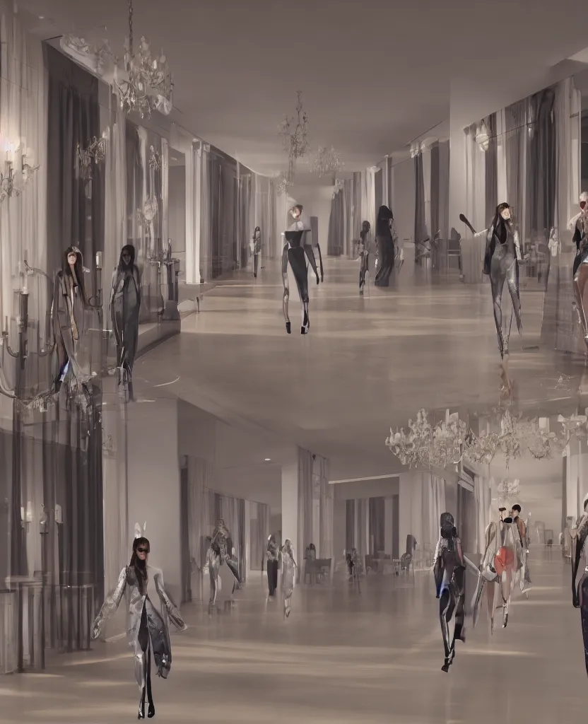 Image similar to Fashion Catwalk in a luxurious apartment interior, concept art, rendering, hyperdetailed, unreal engine 5, 4k