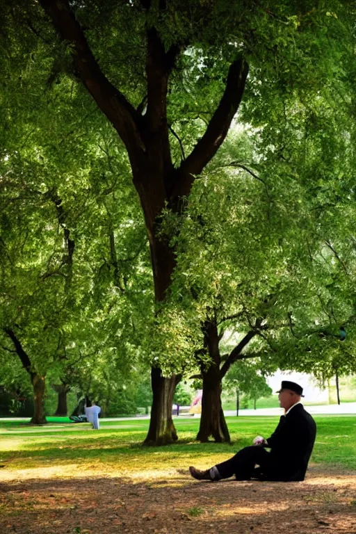 Prompt: a detective from the 5 0's, sitting in a park under a big tree