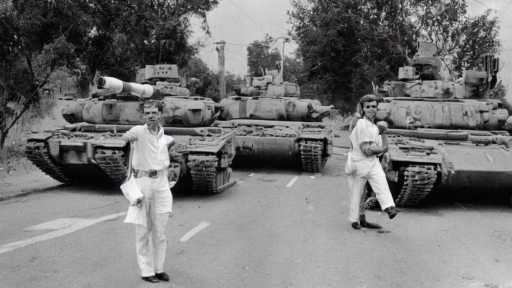 Image similar to old historic photograph of a single person in white shirt, holding white grocery bags, standing on the road facing four battle tanks approaching him