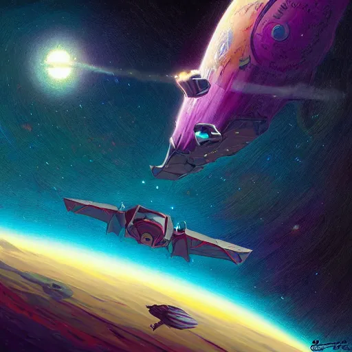 Image similar to interloper flying in the space no man's sky colorful, fantasy, intricate, highly detailed, digital painting, hq, trending on artstation, illustration, style of stanley artgerm and greg rutkowski and dan mumford