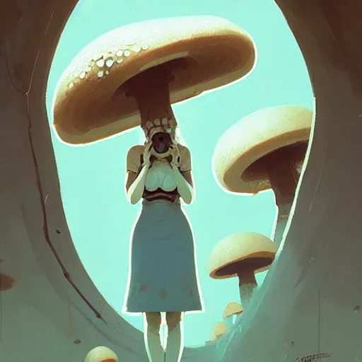 Image similar to portrait of the mushroom goddess by atey ghailan, by greg rutkowski, by simon stalenhag, by greg tocchini, by james gilleard, by joe fenton, by kaethe butcher dynamic lighting, gradient light blue, brown, blonde cream and white color scheme, grunge aesthetic