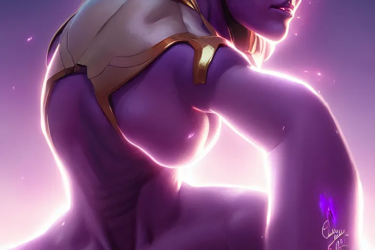 Prompt: female thanos, by charlie bowater, artgerm, ilya kuvshinov, krenz cushart, ruan jia, realism, ultra detailed, 8 k resolution, big thanos chin, standing posture