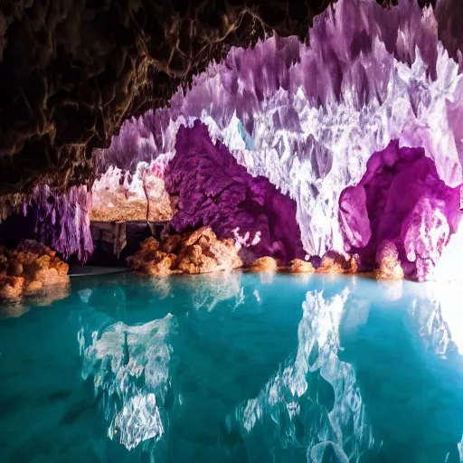 Image similar to photo inside an amethyst cave with a hot spring