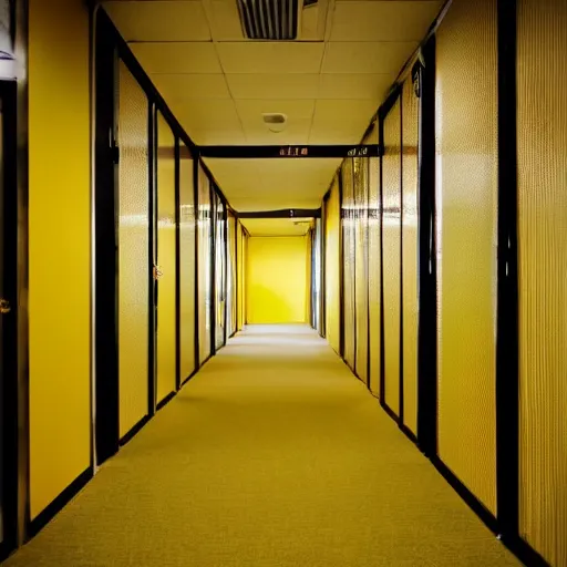 Prompt: low quality photo of the backrooms, mono - yellow old moist carpet randomly connected infinite empty office space yellow colors warm light ominous yellow wallpaper 9 0 s