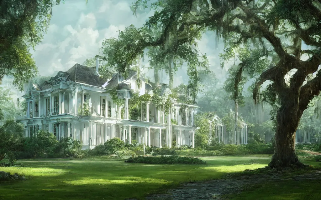 Image similar to a white manor house on a lush southern plantation with a tree-lined driveway, romanticism, hyperdetailed, artstation, cgsociety, 8k, masterpiece, sharp, fine art