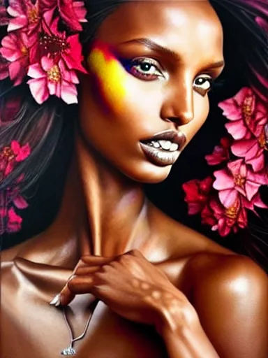 Prompt: portrait of jasmine tookes with a floral background : : painted by artgerm, karol bak, artur bordalo, sandra chevrier : : portrait, character, illustration, hyperrealism, photorealism