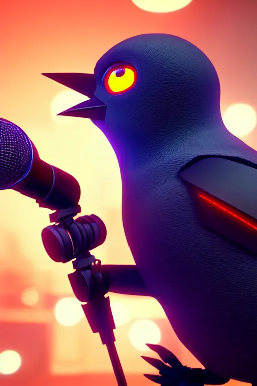 Prompt: high quality 3 d render very cute cyborg crow! sings into microphone!, cyberpunk highly detailed, unreal engine cinematic smooth, in the style of blade runner & detective pikachu, hannah yata charlie immer, moody light, low angle, uhd 8 k, sharp focus