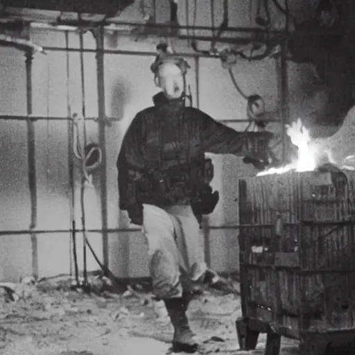 Prompt: hyper detailed creepy dimly lit film movie like wide shot photograph of scientist in a top secret military base in 1982 lighting an entire crate of dynamite on fire