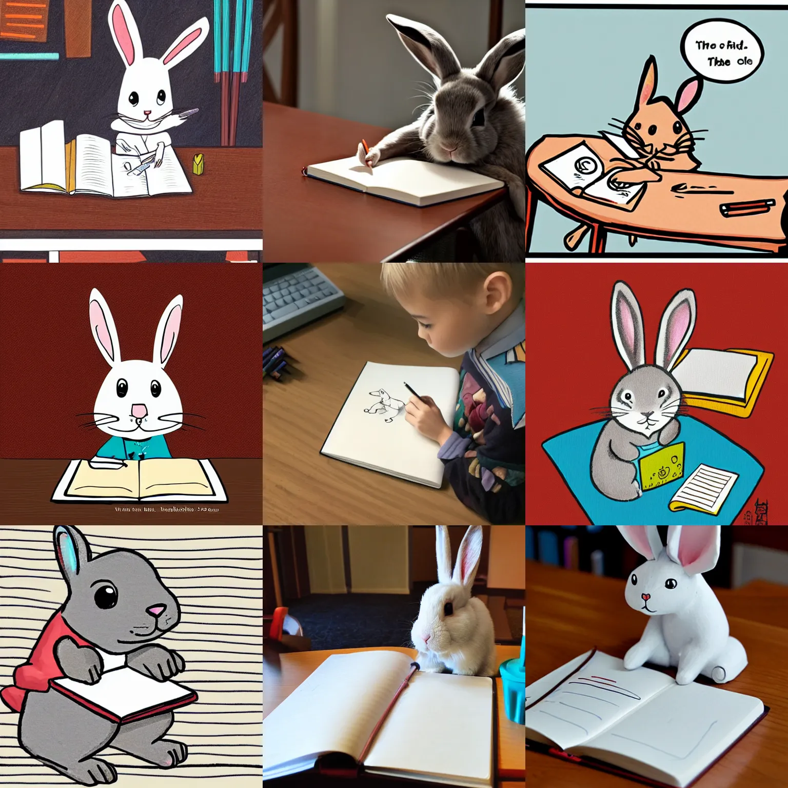 Prompt: a cute cartoon rabbit sitting at a table and writing on a notebook, Children's Book Illustration, Gene Luen Yang