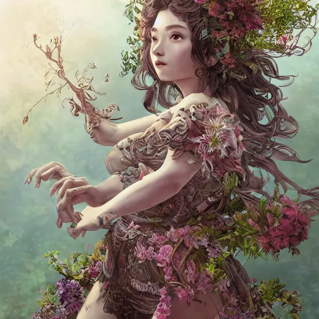 Prompt: the portrait of chaotic good female druid botanist as absurdly beautiful, gorgeous, elegant, young gravure idol, an ultrafine hyperdetailed illustration by kim jung gi, irakli nadar, intricate linework, sharp focus, bright colors, octopath traveler, final fantasy, unreal engine 5 highly rendered, global illumination, radiant light, detailed and intricate environment