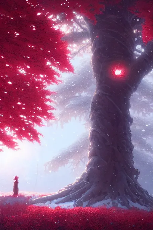 Image similar to giant tree in snow with red flowers, unreal engine, fantasy art by greg rutkowski, loish, rhads, ferdinand knab, makoto shinkai and lois van baarle, ilya kuvshinov, rossdraws, tom bagshaw, global illumination, radiant light, detailed and intricate environment