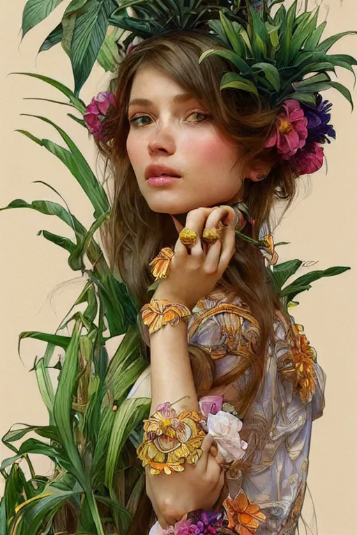 Image similar to ultra realistic illustration, bohemian girl with banana plants and flowers, staring directly into camera, intricate, elegant, highly detailed, digital painting, artstation, concept art, smooth, sharp focus, illustration, art by artgerm and greg rutkowski and alphonse mucha