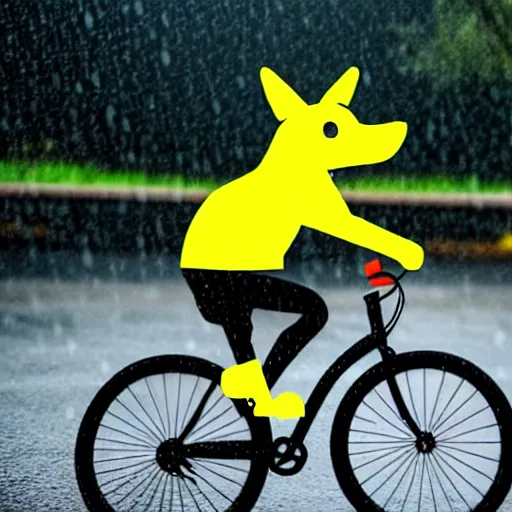 Image similar to a dog with a yellow hat riding a bike while raining