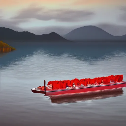 Prompt: moutain, boat on a lake, japan, sky lanterns, enya, beauty, dreamlike, artstation