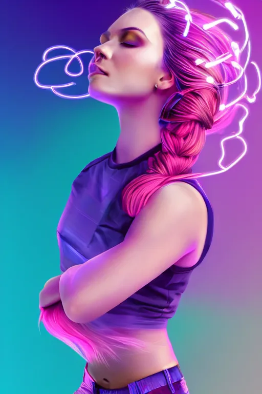 Image similar to a award winning half body portrait of a beautiful woman in a croptop and cargo pants with ombre purple pink teal hairstyle with head in motion and hair flying, surrounded by whirling illuminated lines, outrun, vaporware, shaded flat illustration, digital art, trending on artstation, highly detailed, fine detail, intricate