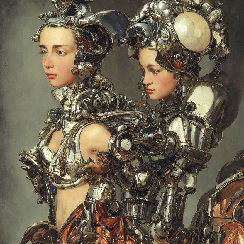 Prompt: a baroque neoclassicist close - up portrait of an 1 8 0 0 s mecha queen. reflective detailed textures. glowing colorful fog, dark background. highly detailed fantasy science fiction painting by moebius, norman rockwell, frank frazetta, and syd mead. rich colors, high contrast. artstation