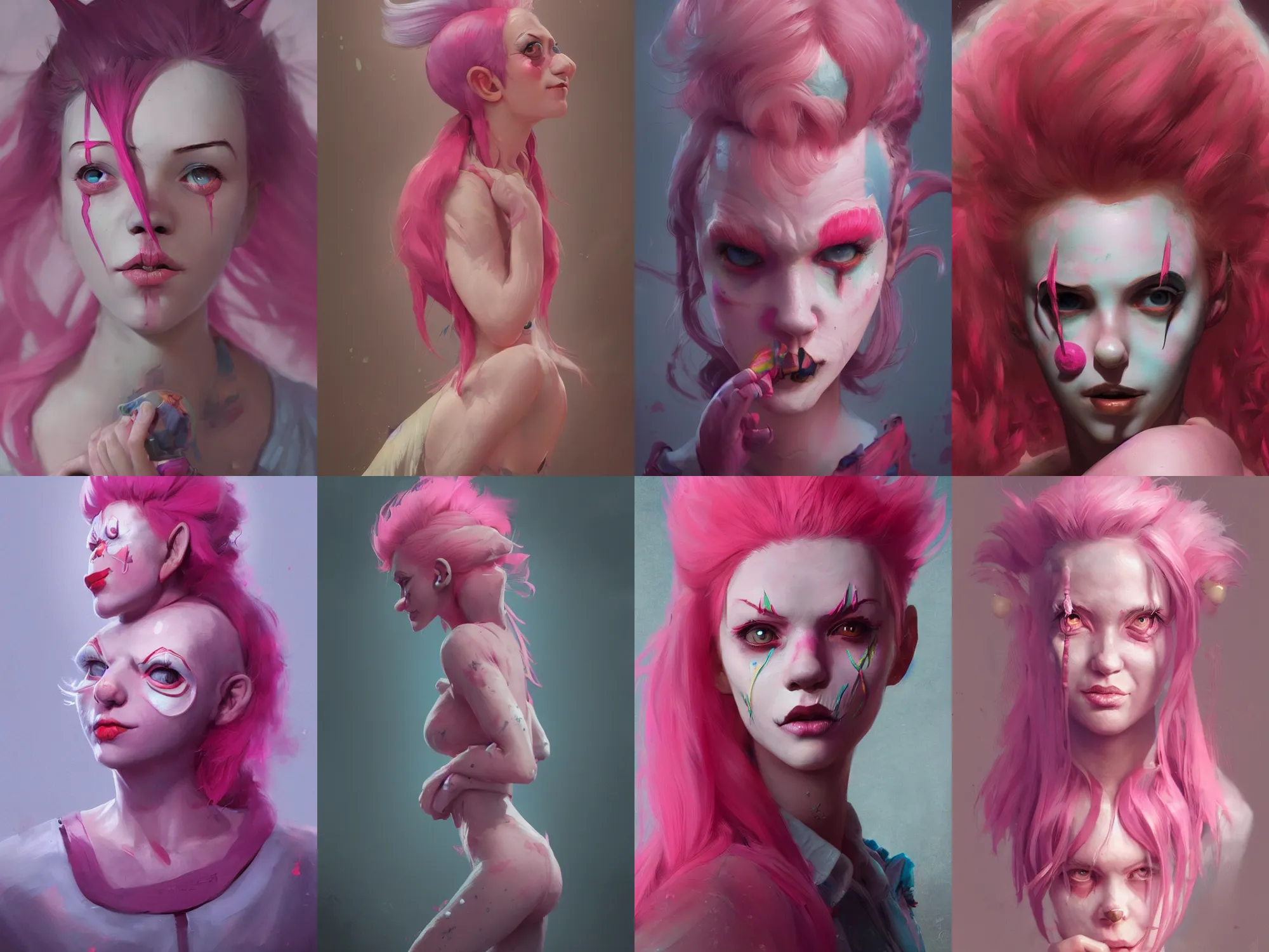 Prompt: clown girl pink hair, highly detailed, digital painting, artstation, concept art, smooth, sharp focus, illustration, greg rutkowski and loish and WLOP