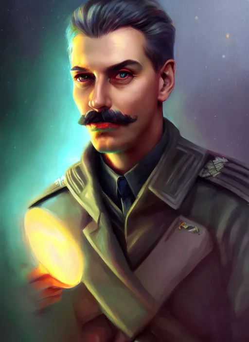 Image similar to « a portrait o cyberpunk joseph stalin, glowing eyes, a digital painting by charlie bowater, featured on cgsociety, fantasy art, behance hd, wiccan, artstation hd »