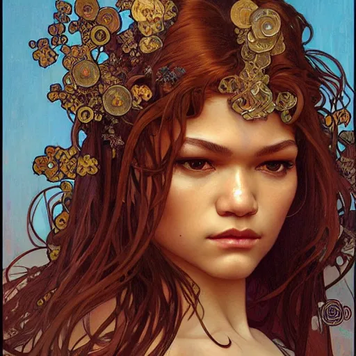 Prompt: realistic detailed face portrait of zendaya by Alphonse Mucha, Ayami Kojima, Amano, Charlie Bowater, Karol Bak, Greg Hildebrandt, Jean Delville, and Mark Brooks, Art Nouveau, Neo-Gothic, gothic, rich deep colors