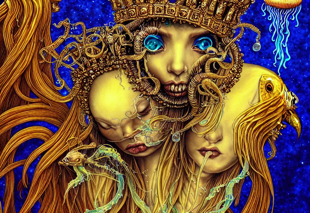 Image similar to isis goddess macro close - up portrait with extremely detailed crown made of ram skull dripping gold + betta fish + jellyfish, in the style of michael cheval, bioluminiscent, plasma, wind, creature