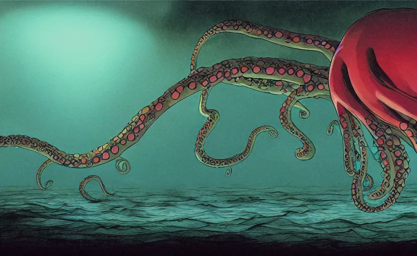 Image similar to a realistic cell - shaded studio ghibli concept art from paprika ( 2 0 0 6 ) of a flying intelligent multi - colored octopus from close encounters of the third kind ( 1 9 7 7 ) and a dimensional portal to another world in a flooded forest valley on a misty starry night. very dull colors, wide shot, hd, 4 k, hq