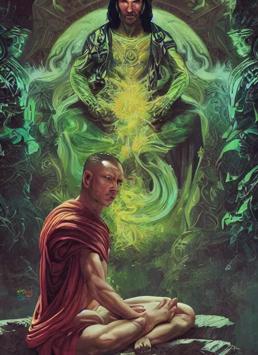 Image similar to a comic book style fantasy portrait painting of Keanu Reaves as a monk meditating in a bright serene lush green temple setting, art by Tristan Eaton, Stanley Artgerm, Tom Bagshaw, Greg Rutkowski, Carne Griffiths