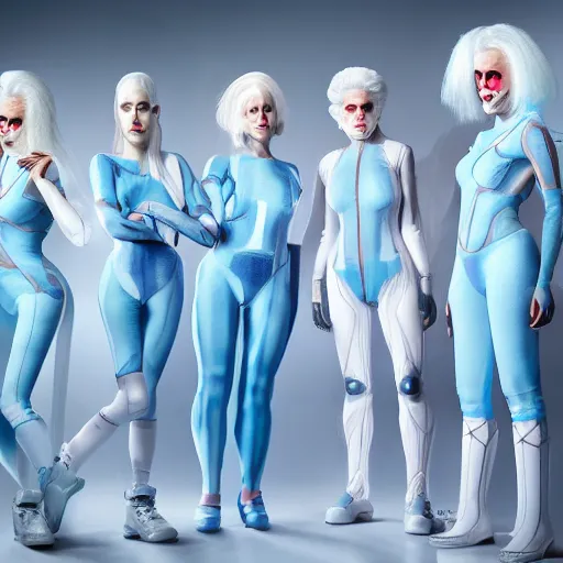 Image similar to troop of freak show women with white hair, white hair, tight light blue neopren suits, futuristic production facility, sci - fi, highly detailed, cinematic