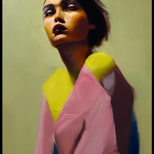 Prompt: detailed portrait in femininity, ethnic, realistic face sculpted features, statuesque model leaning, modern fashion, polkadot shirt and shorts, warm glow, supple, bathed in light, chiaroscuro, specular highlights, angular impressionism, radiosity, plum and yellow color scheme, deep rich tones, contemporary art, oil on canvas