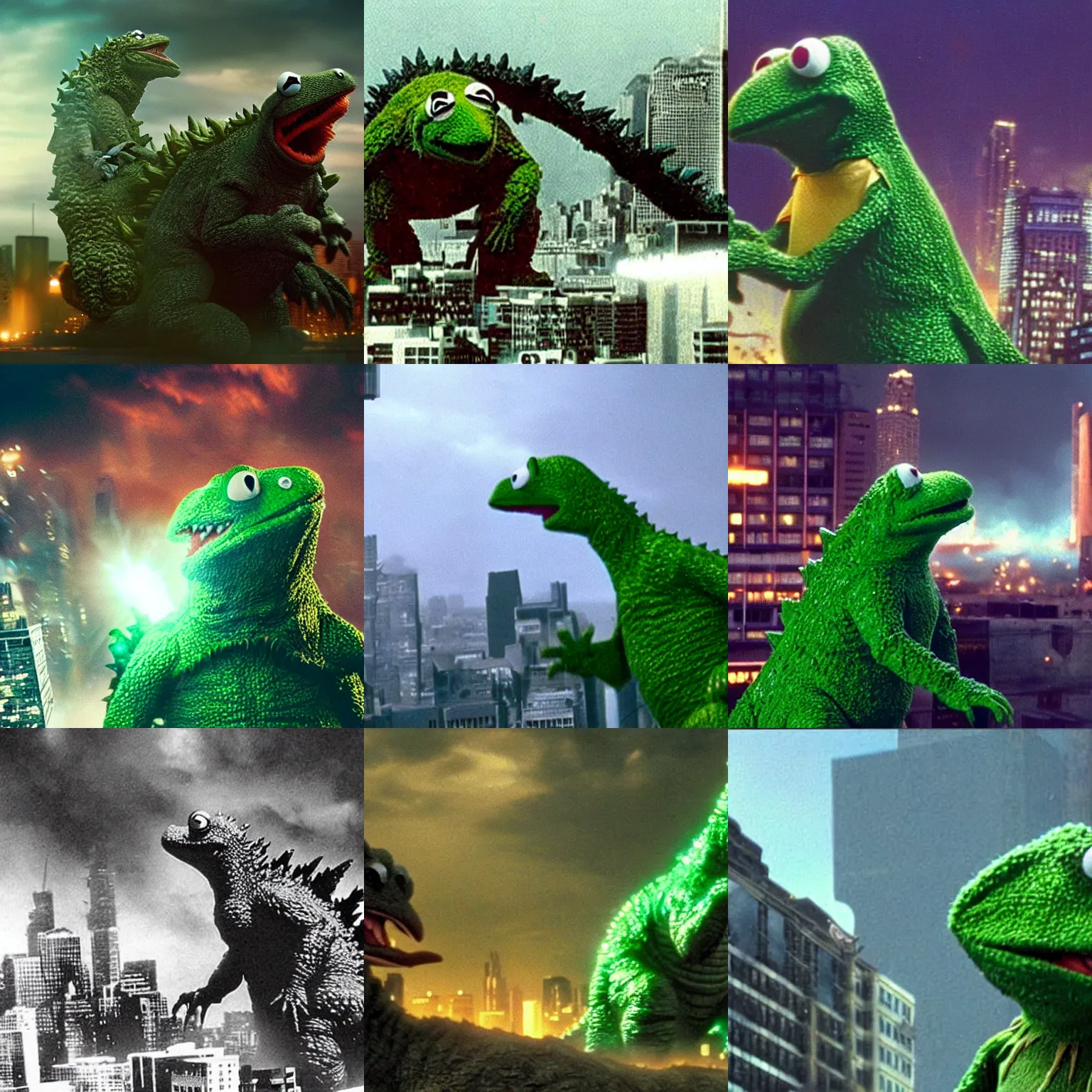 Prompt: Godzilla attacking a city but instead it's Kermit the frog, movie still