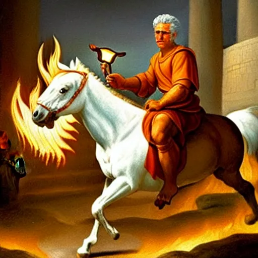 Prompt: painting of yair lapid holding a flaming torch and riding a white mule at the gates of jerusalem, in the style of michaelangelo, intricate, high detail