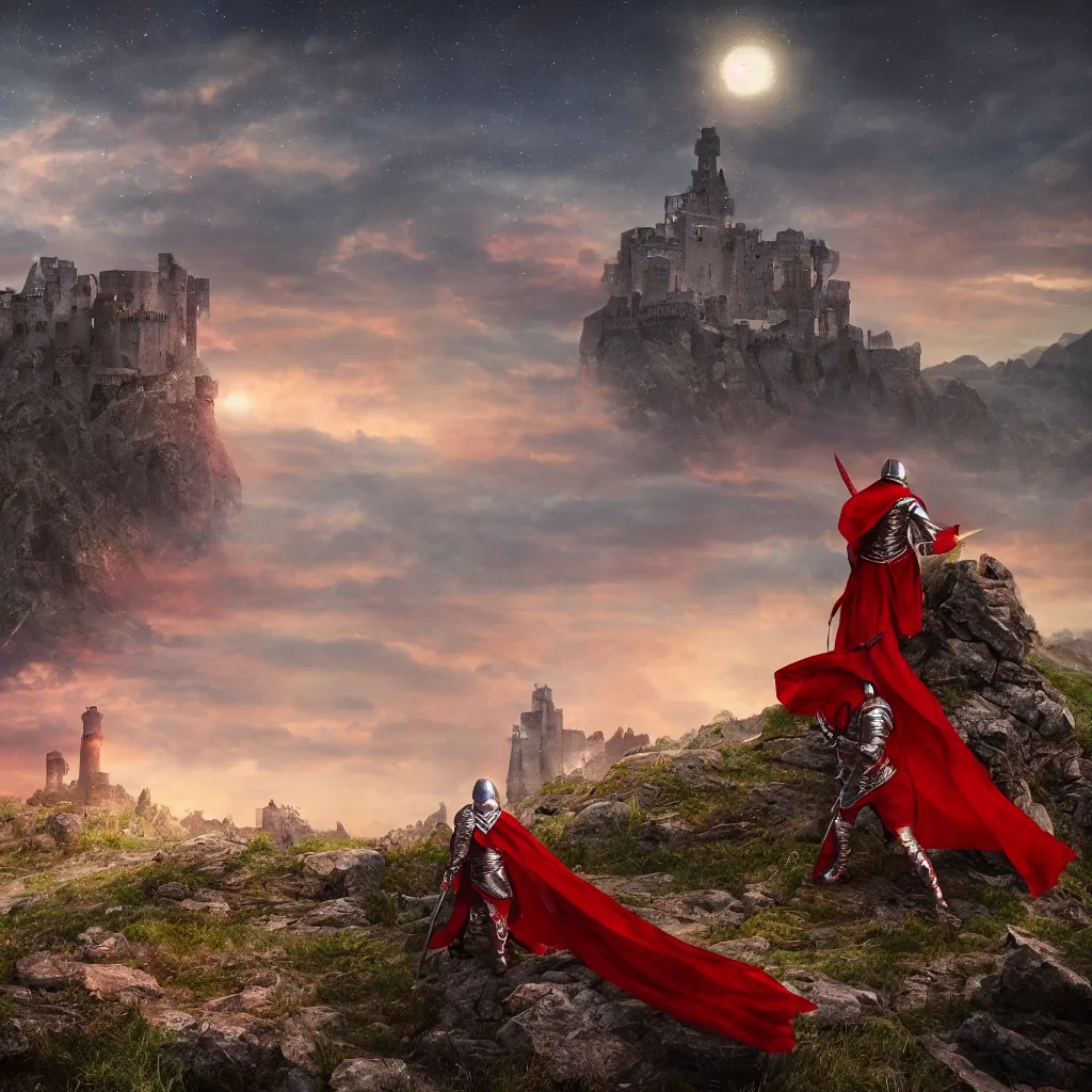 Prompt: a knight with a torn red cape,with a claymore, on a mountain, gazing to a medieval city and big medieval castle, starry night, cinematic lighting + 3D octane render + 8K + HDR + Photographic + legendary scene + extremely detailed