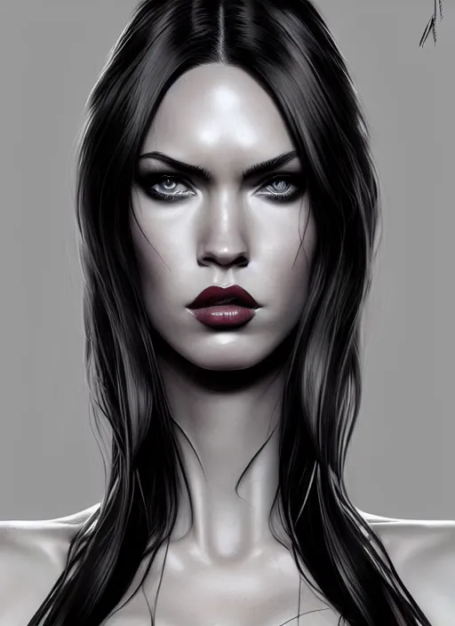 Image similar to symmetry!! gantz portrait of megan fox as black widow, unholy, intricate, highly detailed, dynamic lighting, digital art, digital painting, artstation, terence nielsen, sharp focus, illustration, art by artgerm and greg rutkowski and moebius, 8 k