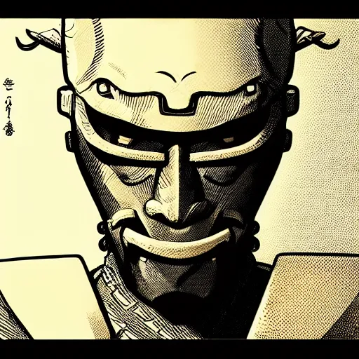 Prompt: a portrait of powerful japanese samurai wearing monster mask, detailed face, face symmetry, character concept portrait by moebius and laurie greasley, profile picture, 8 k, cinematic color grading