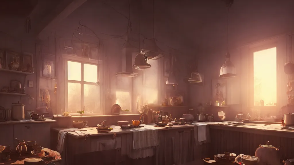 Image similar to a photorealistic hyperrealistic render of an interior of a beautifully decorated cozy kitchen by pixar, greg rutkowski, wlop, makoto shinkai, dramatic moody sunset lighting, long shadows, volumetric, cinematic atmosphere, octane render, artstation, 8 k