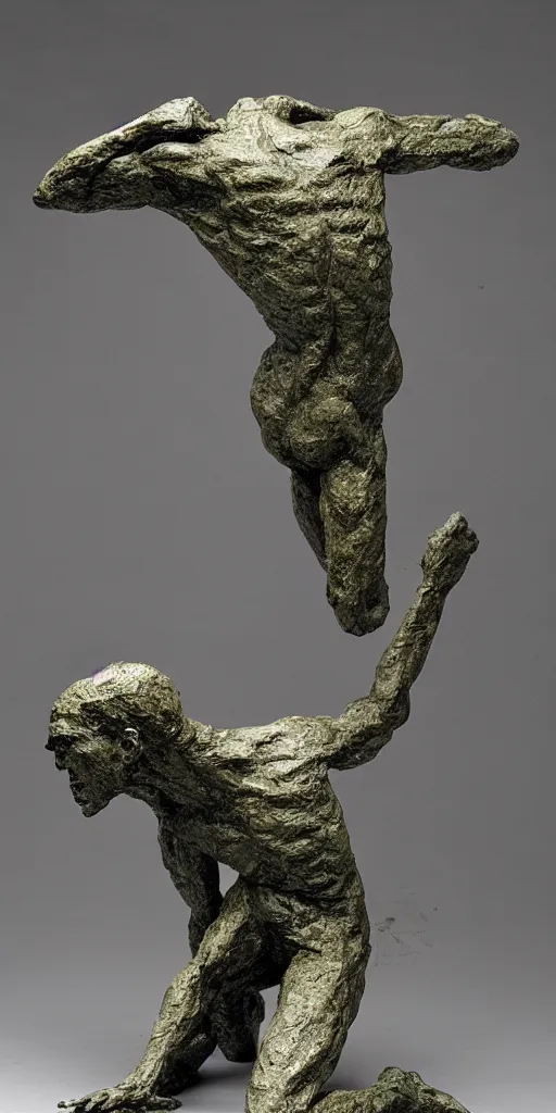 Image similar to sculpture of a cowering man, in the style of alberto giacometti