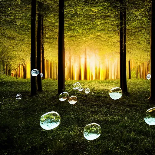 Image similar to professional photograph of a forest filled with glowing bubbles, evening, highly detailed, high quality, award-winning, awe-inspiring, spectacular, 8K, HD