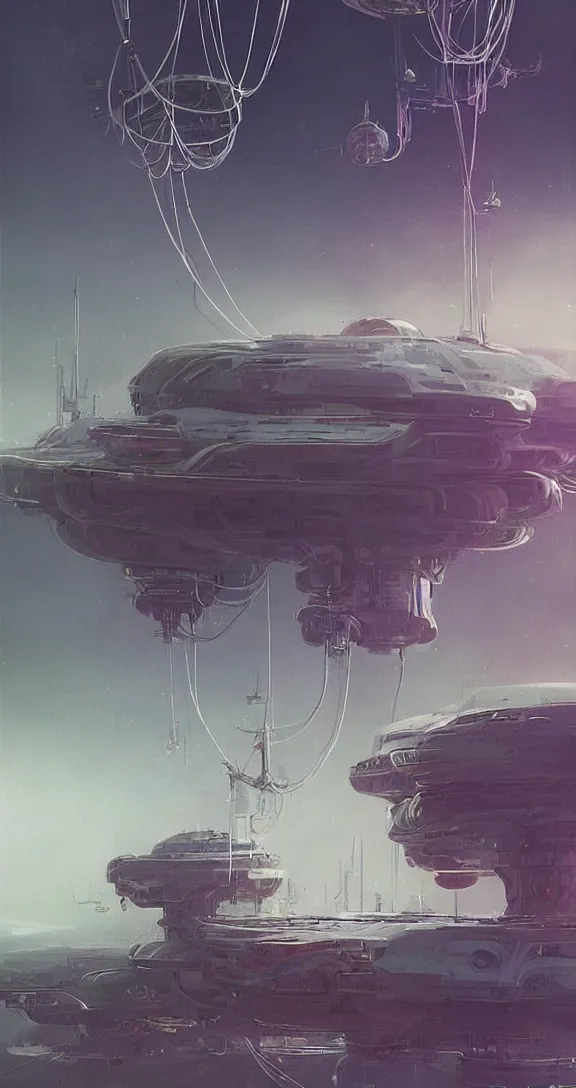 Prompt: complex mechanical starship with long tendrils, lots of hanging cables and wires, messy cords, pouring smoke and oil, sci - fi concept art, by john harris, by simon stalenhag, stunning, award winning