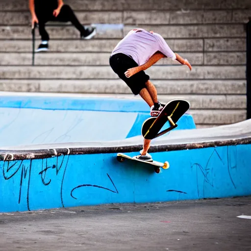 Image similar to skater wearing nike sb dunks doing a kickflip at the venice beach skatepark