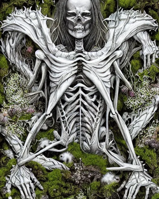 Image similar to white dragon skeleton covered in moss and flowers, intricate details, hyperrealistic, hr giger